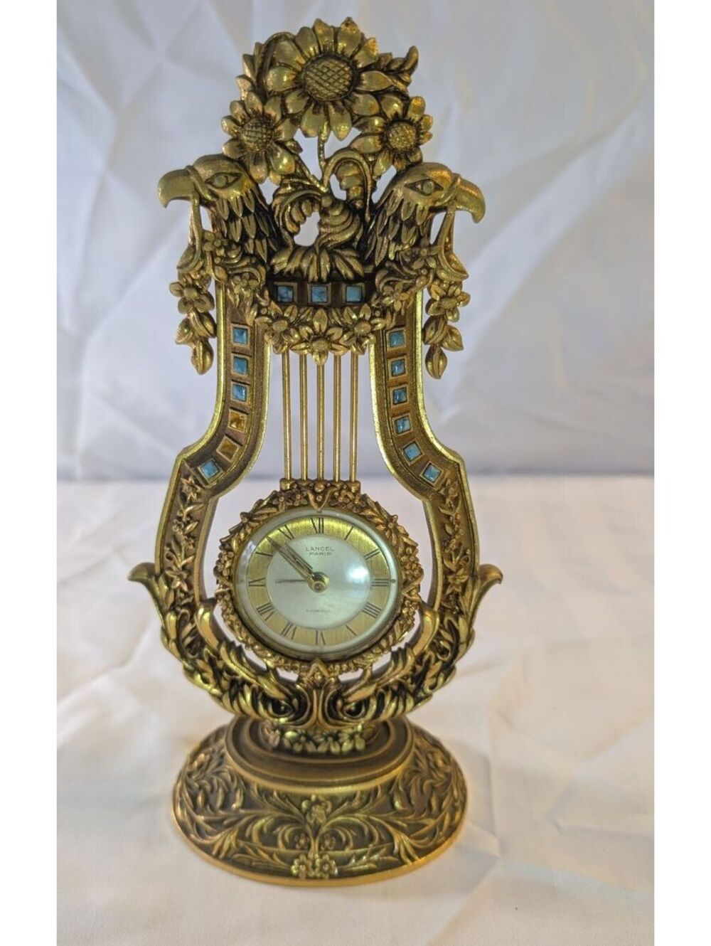 Vintage Lancel Paris 8 Day Lyre Alarm Clock Gilt Brass Turquoise Cabochons